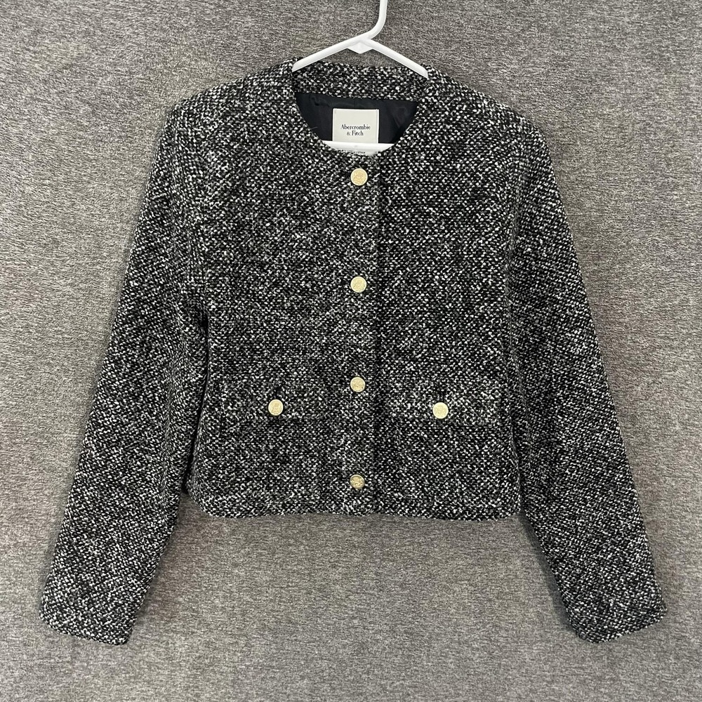 Abercrombie & Fitch Jacket Womens Medium Black Tweed Cropped‎ Lined Button Front